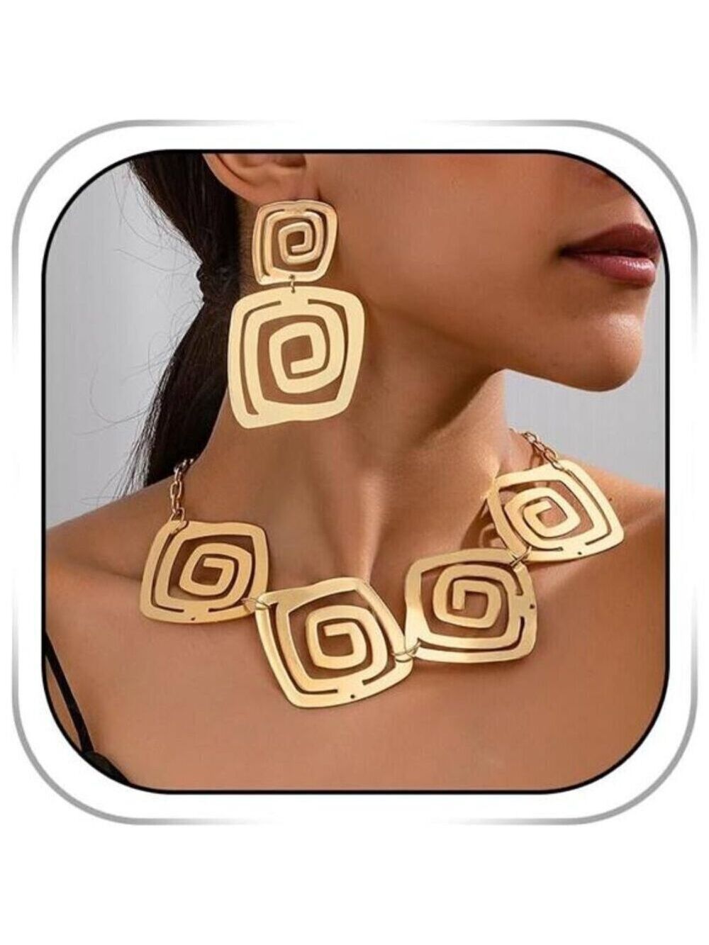 Dayana Gold Geometric Necklace Earrings Set Square Pendant